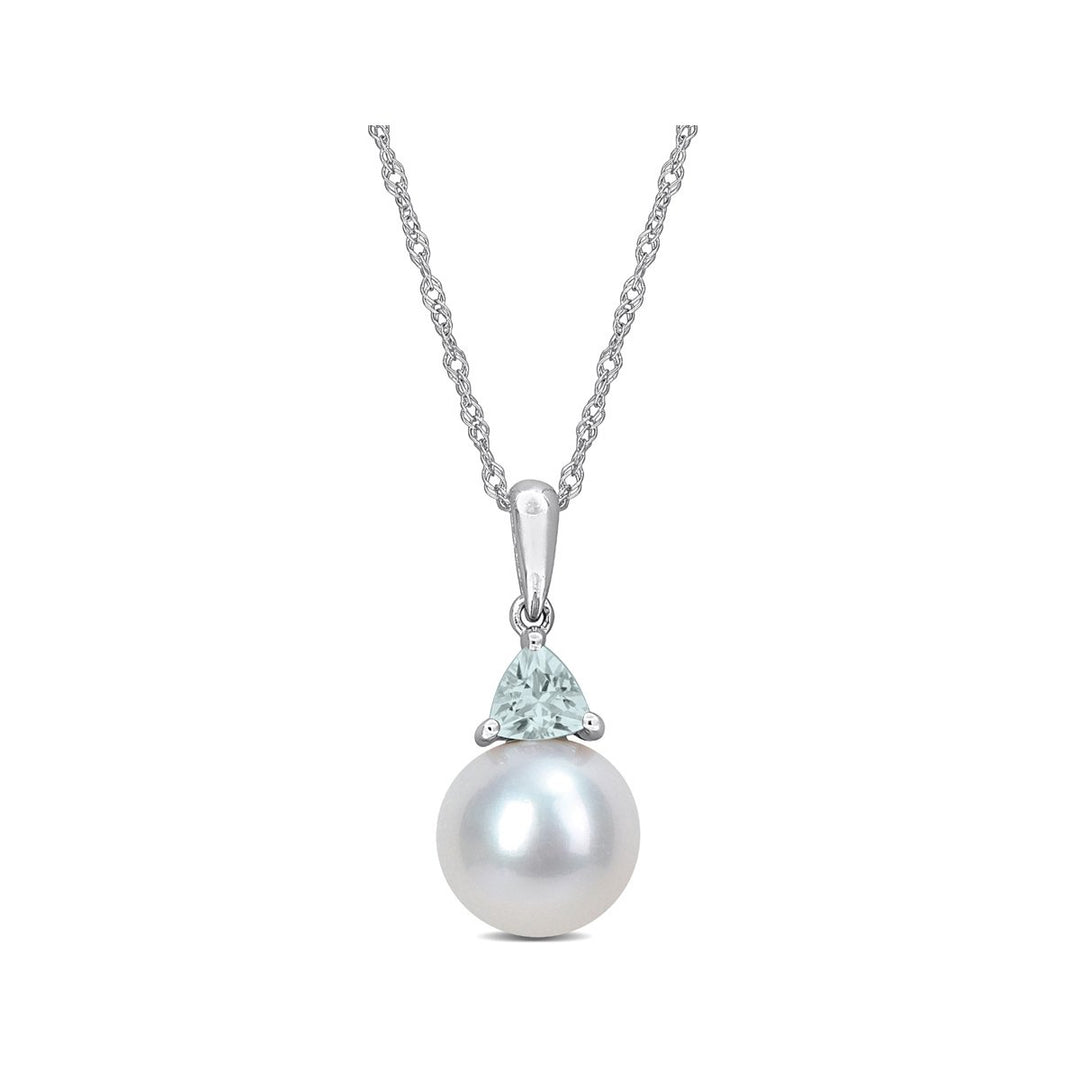 8-8.5mm Freshwater Cultured Drop Pearl Pendant Necklace with Aquamarine in 10K White Gold with Chain Image 1