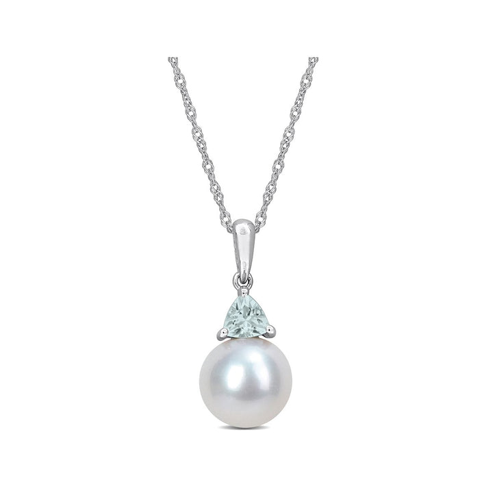 8-8.5mm Freshwater Cultured Drop Pearl Pendant Necklace with Aquamarine in 10K White Gold with Chain Image 1