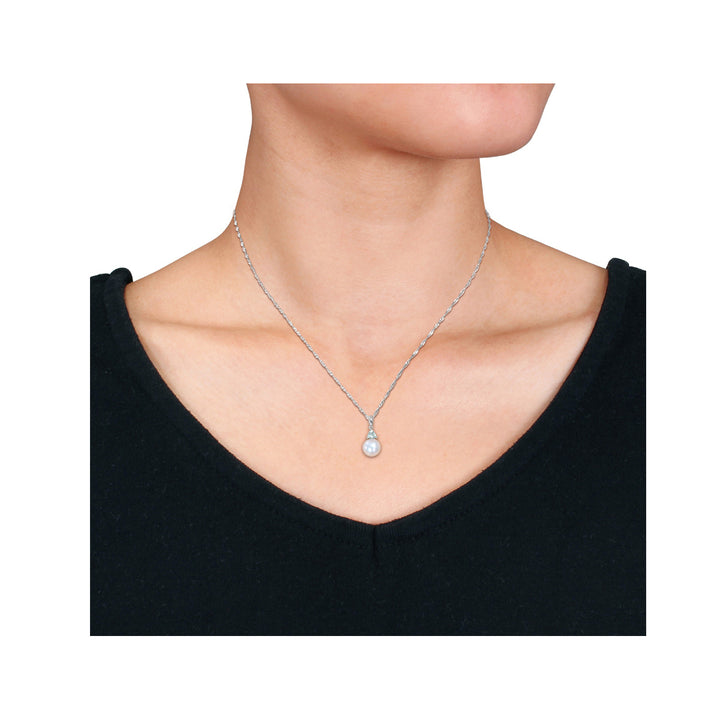 8-8.5mm Freshwater Cultured Drop Pearl Pendant Necklace with Aquamarine in 10K White Gold with Chain Image 2