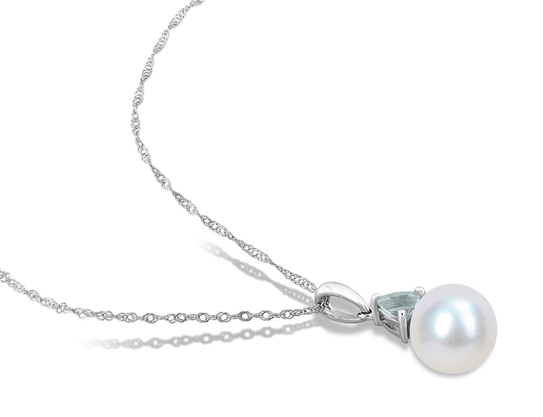 8-8.5mm Freshwater Cultured Drop Pearl Pendant Necklace with Aquamarine in 10K White Gold with Chain Image 3