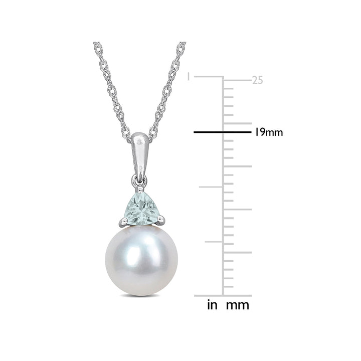 8-8.5mm Freshwater Cultured Drop Pearl Pendant Necklace with Aquamarine in 10K White Gold with Chain Image 4