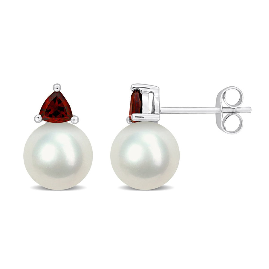 8-8.5 mm Cultured Freshwater Pearl Earrings with Garnets in 10K White Gold Image 1