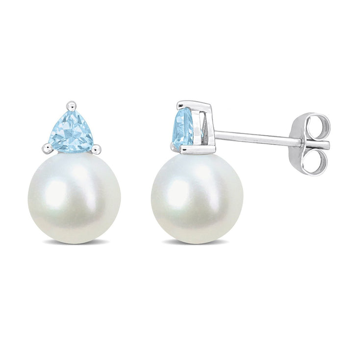 8-8.5 mm Cultured Freshwater Pearl Earrings with Blue Topaz 10K White Gold Image 1