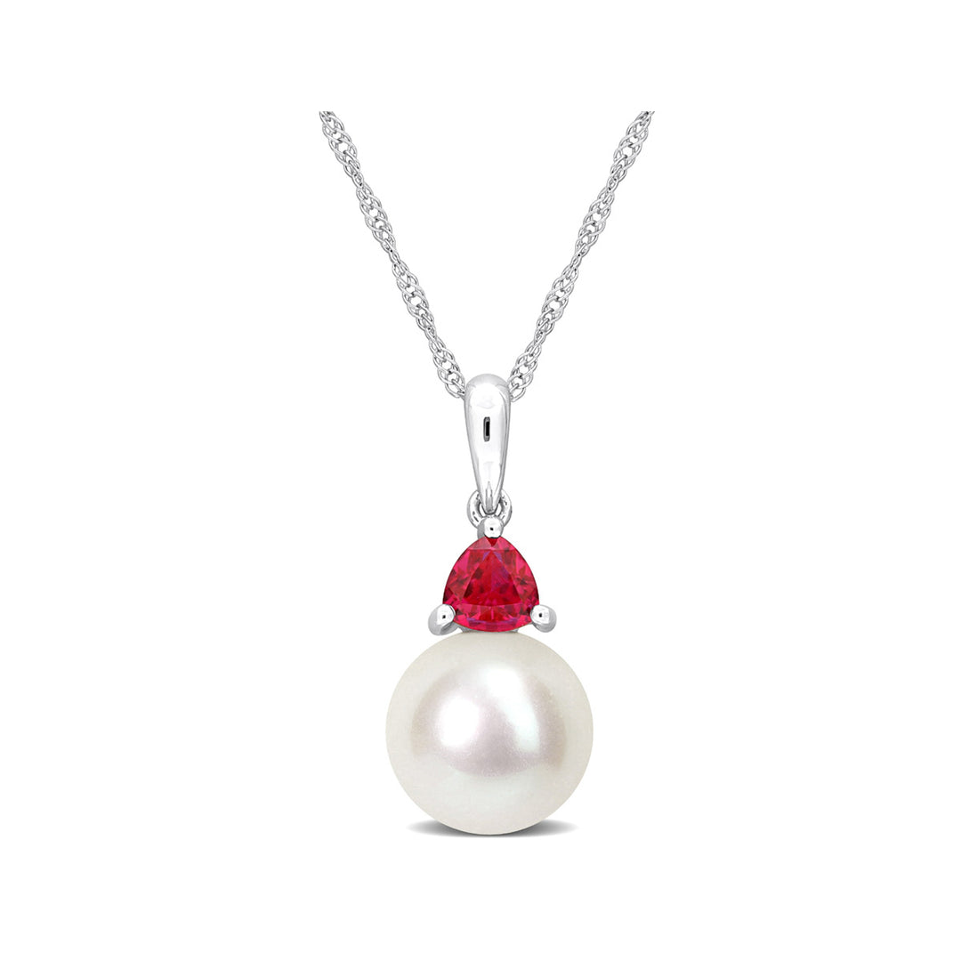 8-8.5mm Freshwater Cultured Drop Pearl Pendant Necklace with Lab-Created Ruby in 10K White Gold with Chain Image 1