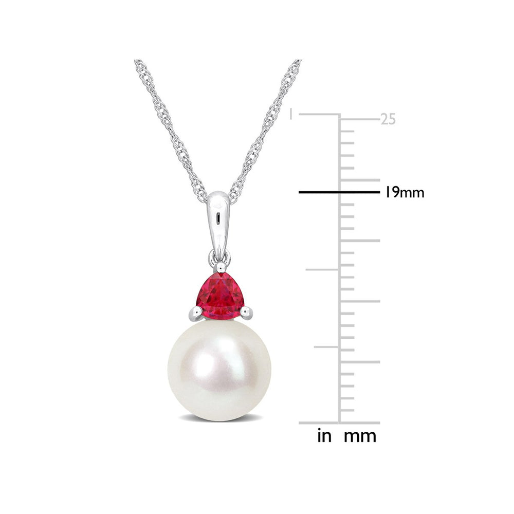 8-8.5mm Freshwater Cultured Drop Pearl Pendant Necklace with Lab-Created Ruby in 10K White Gold with Chain Image 2