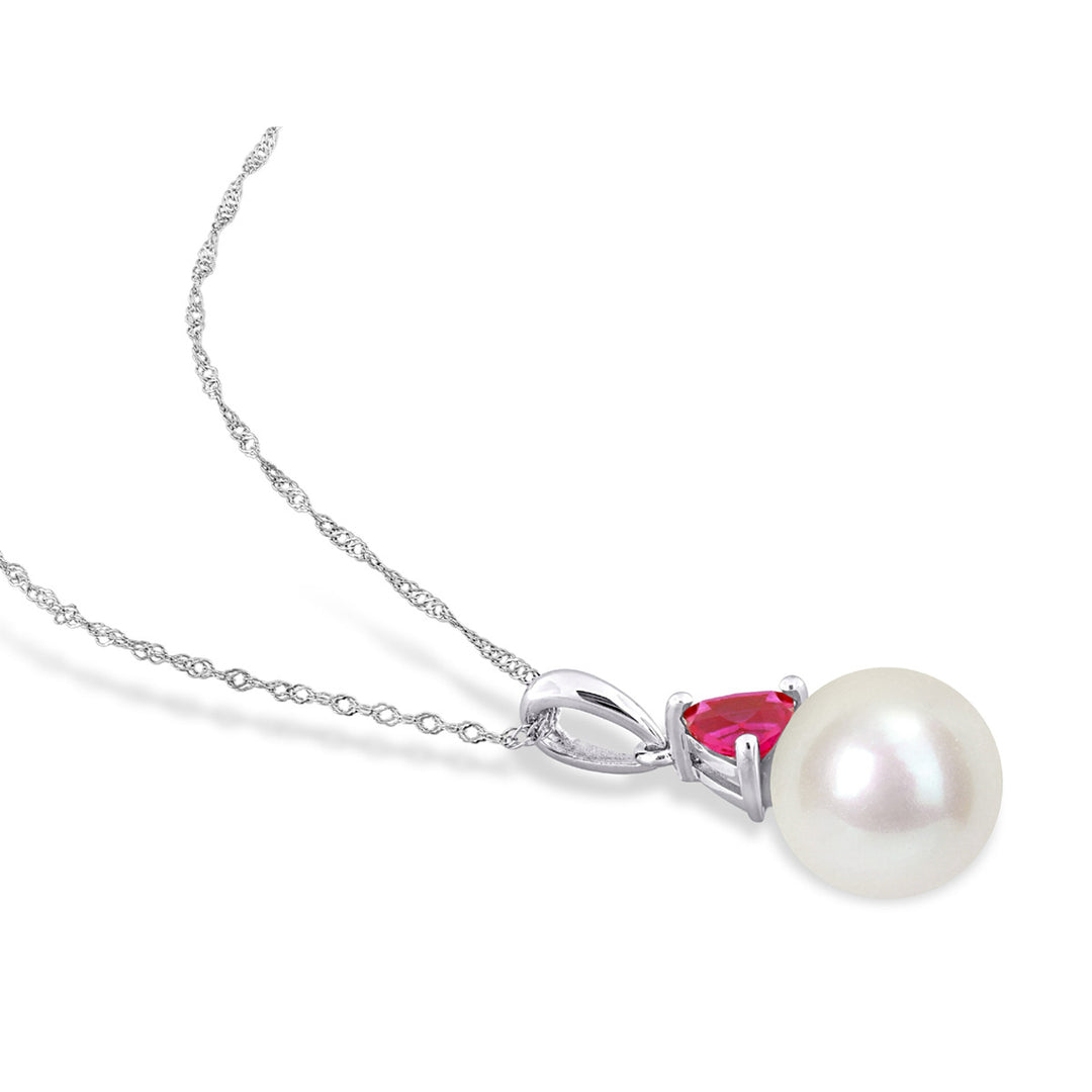 8-8.5mm Freshwater Cultured Drop Pearl Pendant Necklace with Lab-Created Ruby in 10K White Gold with Chain Image 3