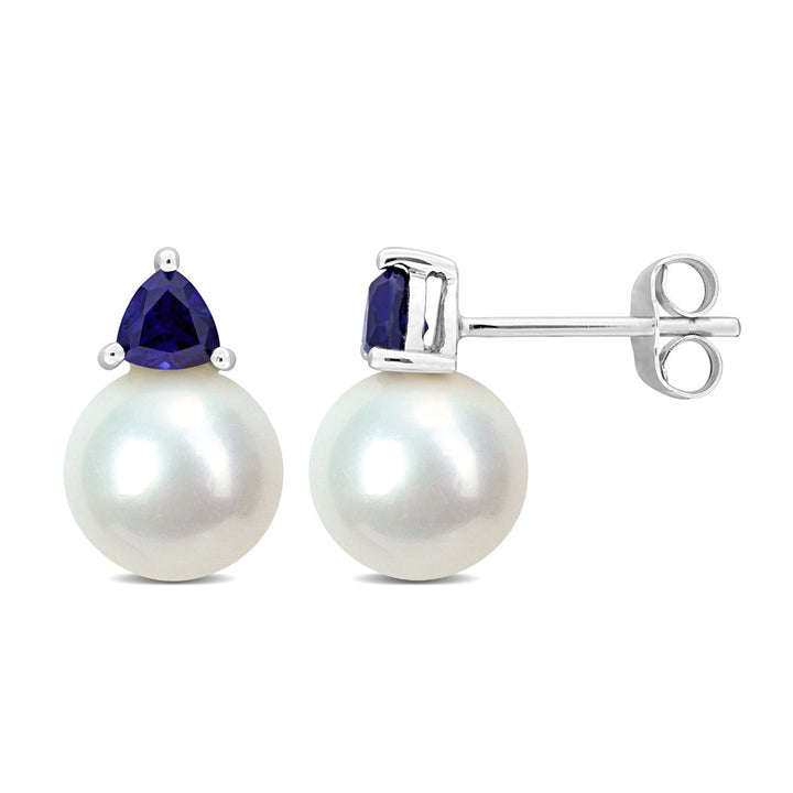 8-8.5 mm Cultured Freshwater Pearl Earrings with Lab-Created Blue Sapphires 10K White Gold Image 1