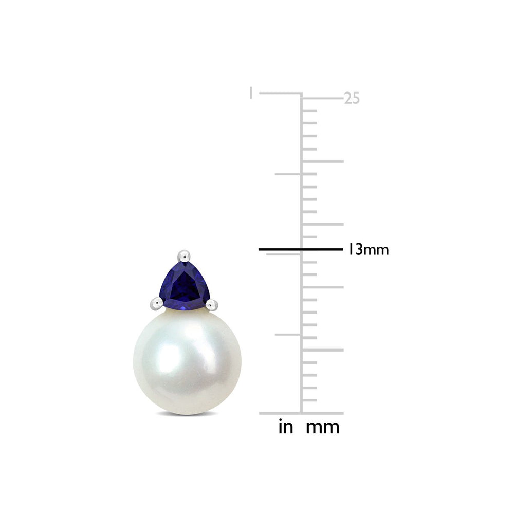 8-8.5 mm Cultured Freshwater Pearl Earrings with Lab-Created Blue Sapphires 10K White Gold Image 2