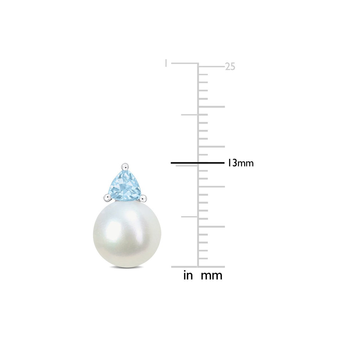 8-8.5 mm Cultured Freshwater Pearl Earrings with Blue Topaz 10K White Gold Image 4