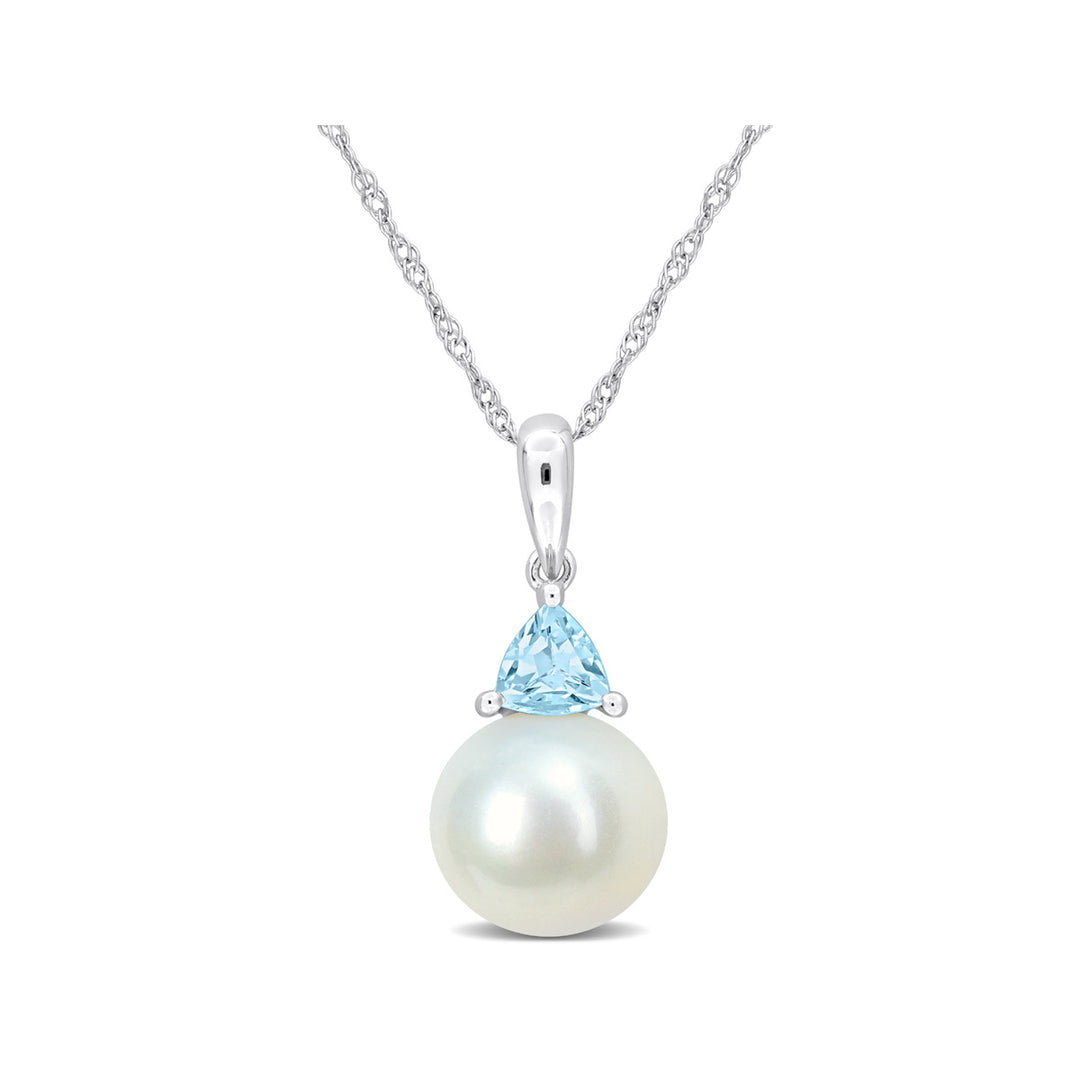 8-8.5mm Freshwater Cultured Drop Pearl Pendant Necklace with Blue Topaz in 10K White Gold with Chain Image 1