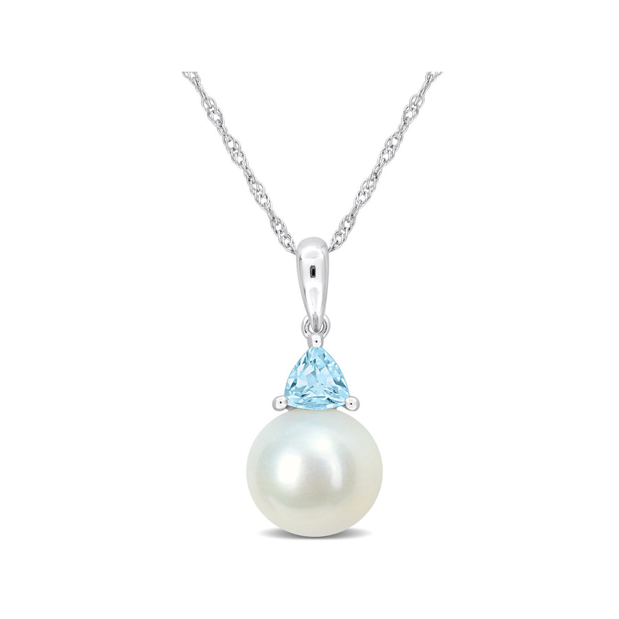 8-8.5mm Freshwater Cultured Drop Pearl Pendant Necklace with Blue Topaz in 10K White Gold with Chain Image 1