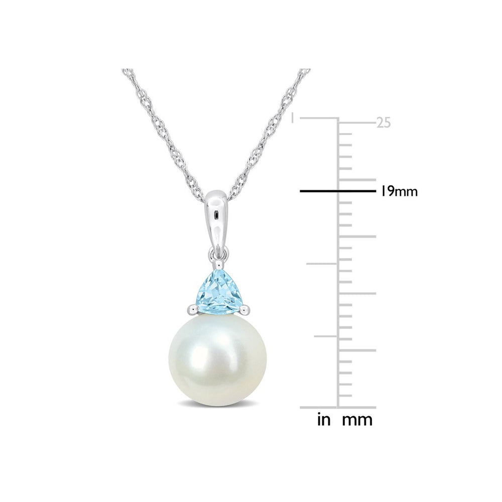 8-8.5mm Freshwater Cultured Drop Pearl Pendant Necklace with Blue Topaz in 10K White Gold with Chain Image 2