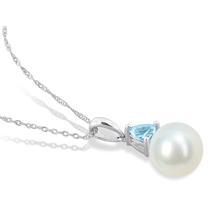 8-8.5mm Freshwater Cultured Drop Pearl Pendant Necklace with Blue Topaz in 10K White Gold with Chain Image 3