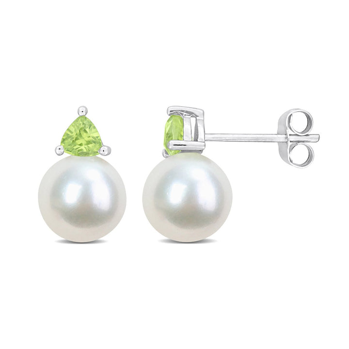 8-8.5 mm Cultured Freshwater Pearl Earrings with Peridots 10K White Gold Image 1