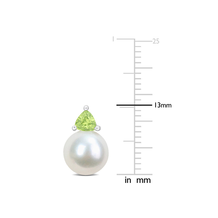 8-8.5 mm Cultured Freshwater Pearl Earrings with Peridots 10K White Gold Image 2