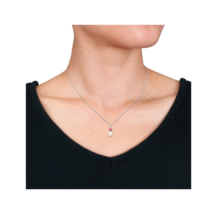 8-8.5mm Freshwater Cultured Drop Pearl Pendant Necklace with Lab-Created Ruby in 10K White Gold with Chain Image 4