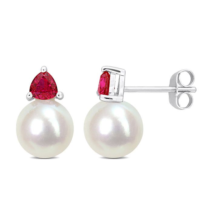 8-8.5 mm Cultured Freshwater Pearl Earrings with Lab-Created Rubies10K White Gold Image 1