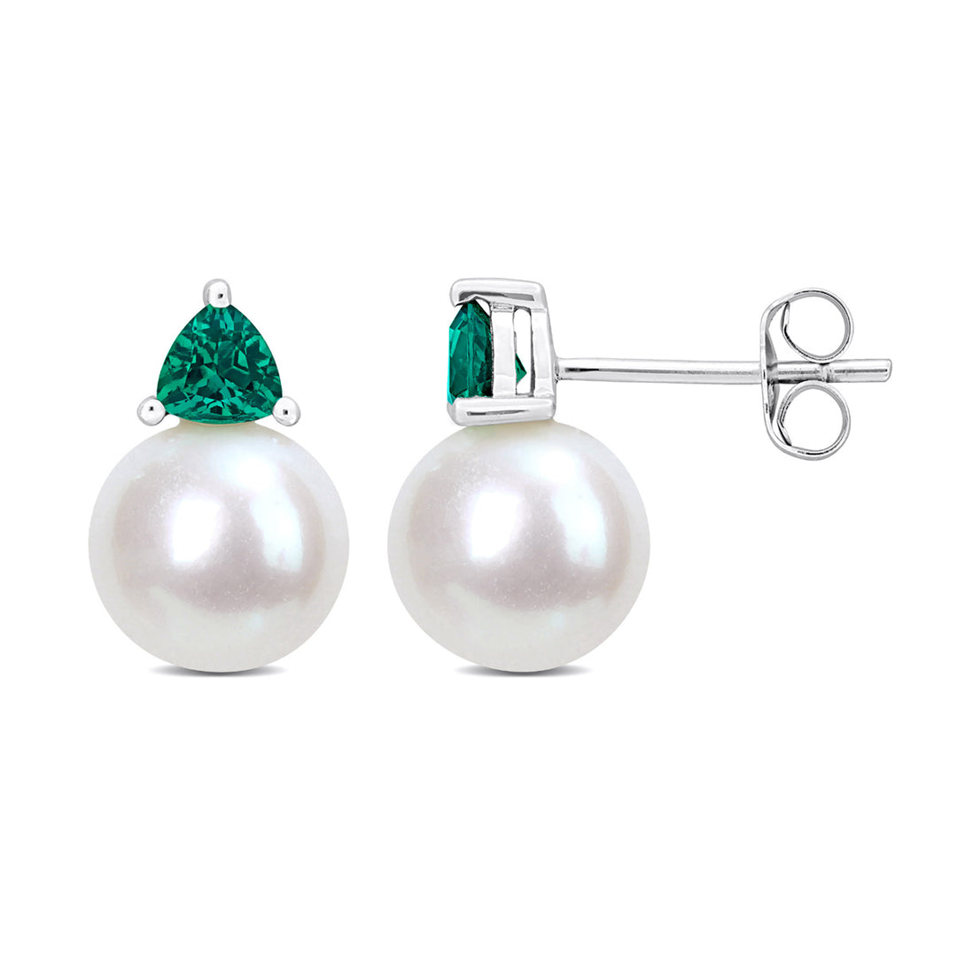 8-8.5 mm Cultured Freshwater Pearl Earrings with Lab-Created Emeralds 10K White Gold Image 1