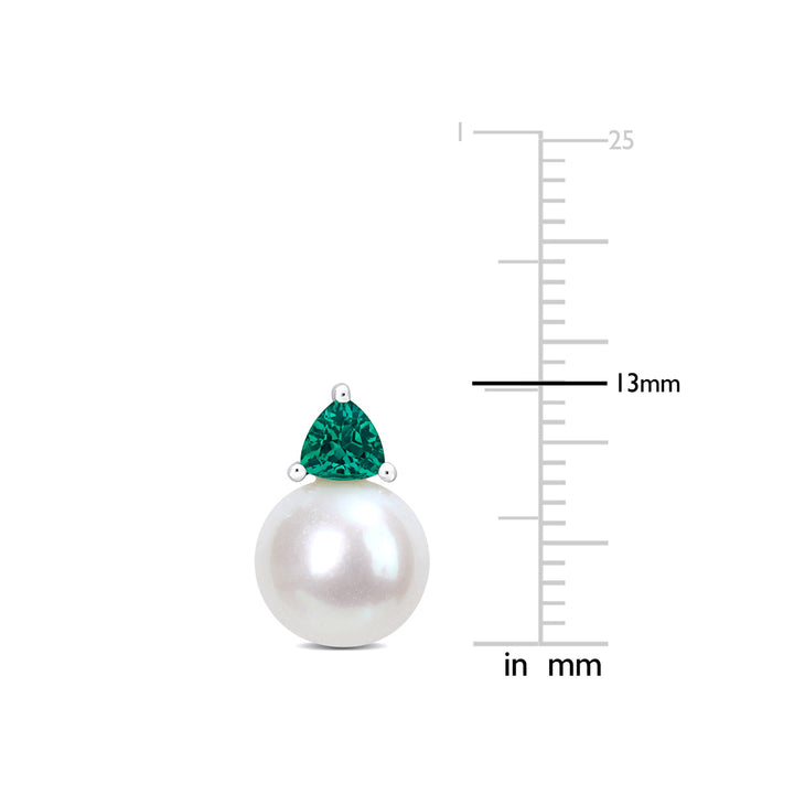 8-8.5 mm Cultured Freshwater Pearl Earrings with Lab-Created Emeralds 10K White Gold Image 2