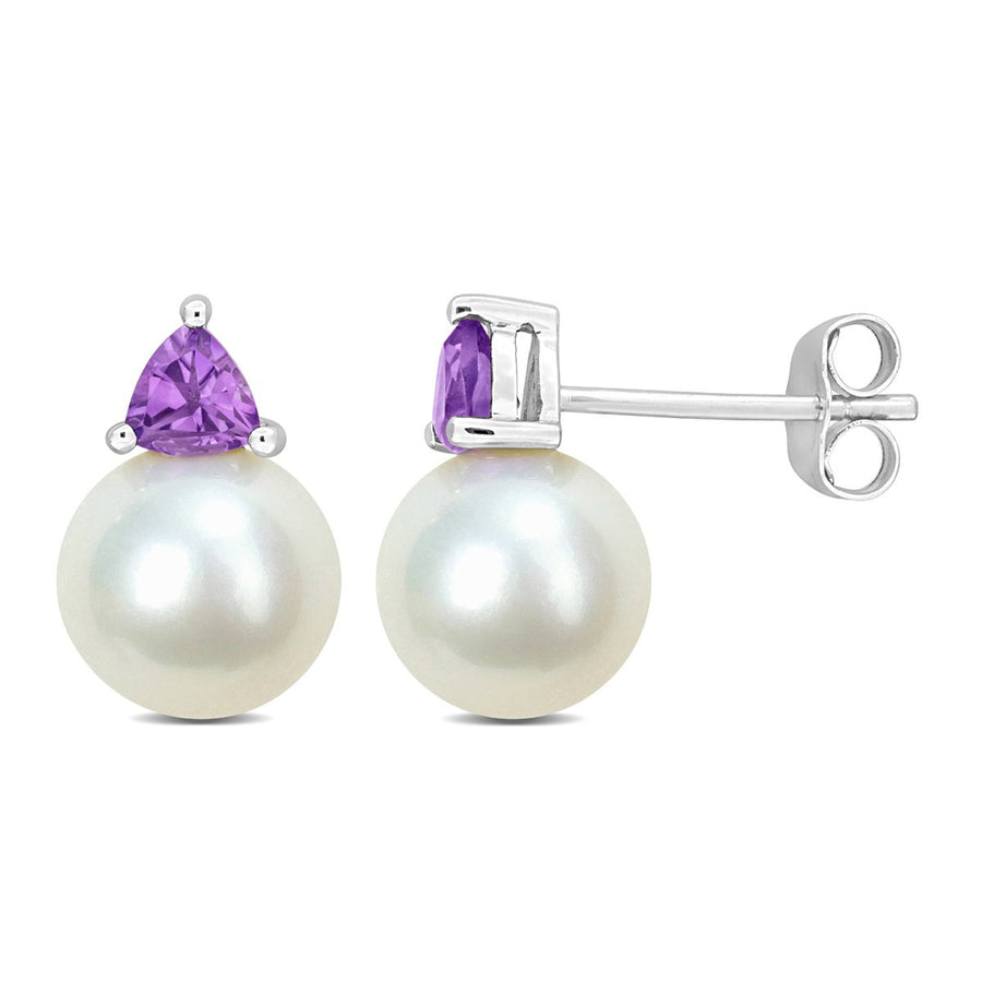 8-8.5 mm Cultured Freshwater Pearl Earrings with Amethysts 10K White Gold Image 1