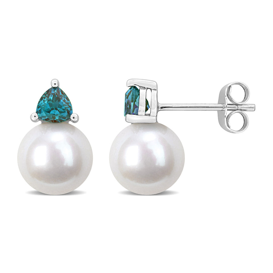 8-8.5 mm Cultured Freshwater Pearl Earrings with Lab-Created Alexandrites 10K White Gold Image 1