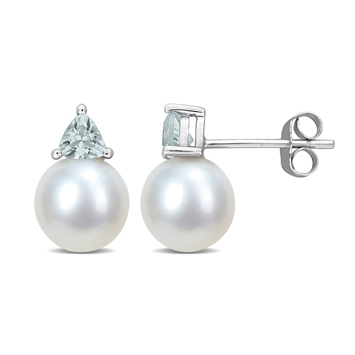 8-8.5 mm Cultured Freshwater Pearl Earrings with Aquamarines 10K White Gold Image 1