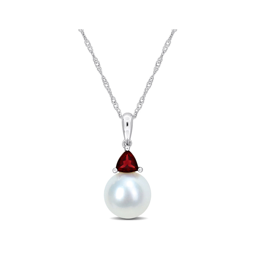 8-8.5mm Freshwater Cultured Drop Pearl Pendant Necklace with Garnet in 10K White Gold with Chain Image 1