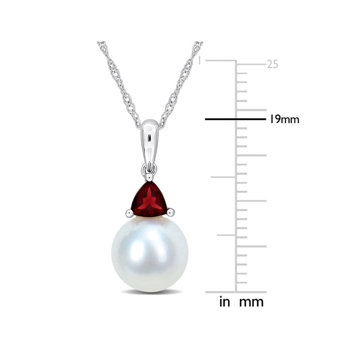 8-8.5mm Freshwater Cultured Drop Pearl Pendant Necklace with Garnet in 10K White Gold with Chain Image 2