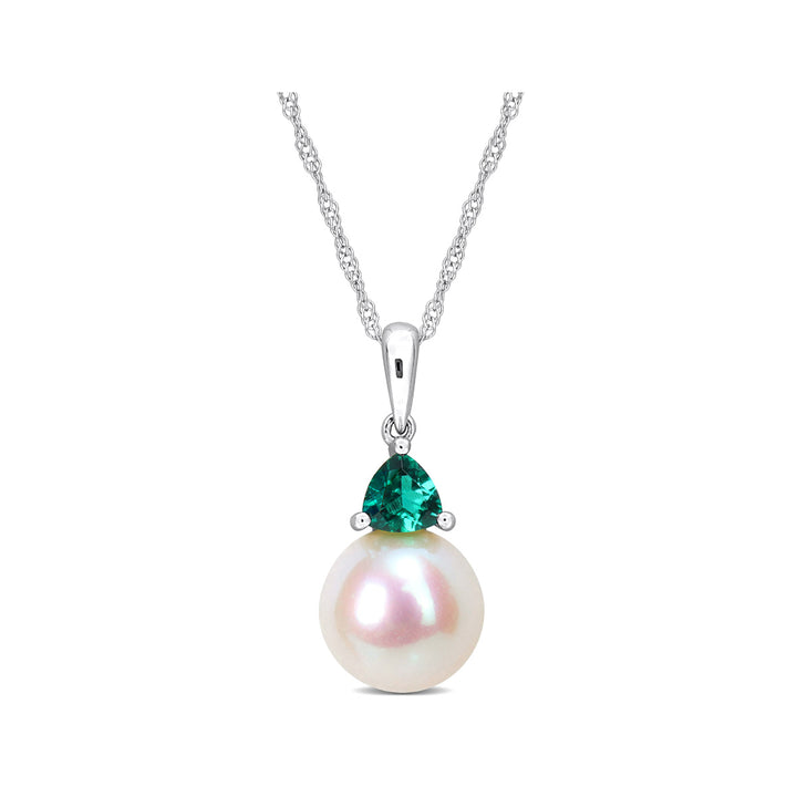 8-8.5mm Freshwater Cultured Drop Pearl Pendant Necklace with Lab-Created Emerald in 10K White Gold with Chain Image 1