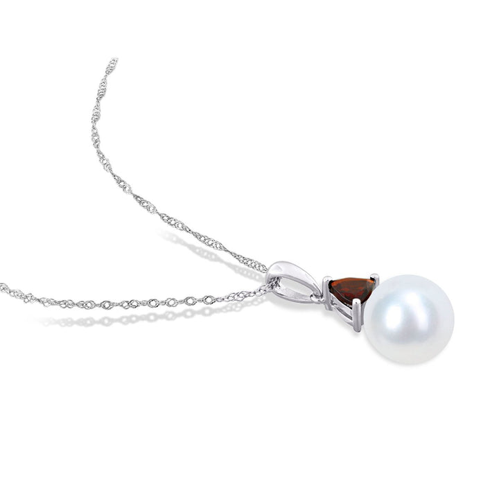 8-8.5mm Freshwater Cultured Drop Pearl Pendant Necklace with Garnet in 10K White Gold with Chain Image 3