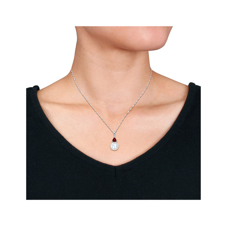 8-8.5mm Freshwater Cultured Drop Pearl Pendant Necklace with Garnet in 10K White Gold with Chain Image 4