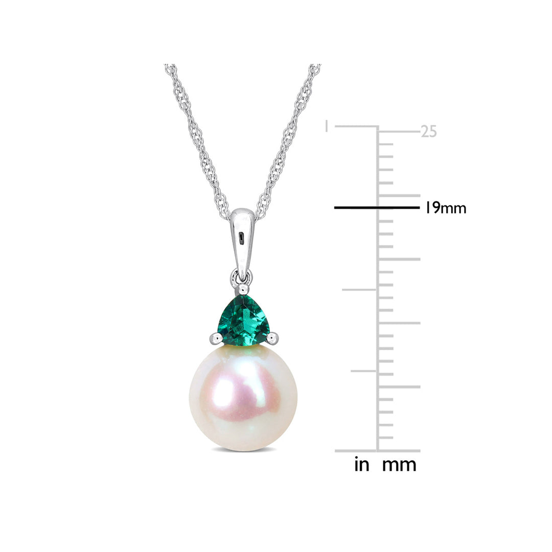 8-8.5mm Freshwater Cultured Drop Pearl Pendant Necklace with Lab-Created Emerald in 10K White Gold with Chain Image 4