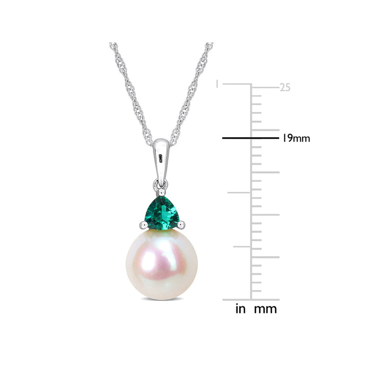 8-8.5mm Freshwater Cultured Drop Pearl Pendant Necklace with Lab-Created Emerald in 10K White Gold with Chain Image 4