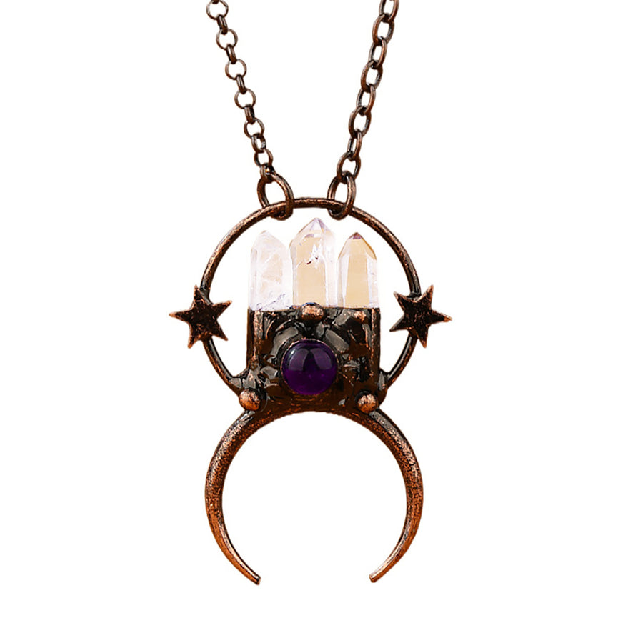 Handmade Cool White Clear Quartz and Amethyst Inlaid Bohemian Copper Pendant Necklace TXL024 Image 1