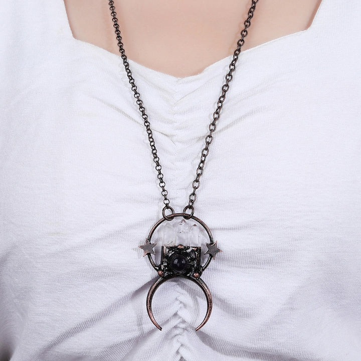 Handmade Cool White Clear Quartz and Amethyst Inlaid Bohemian Copper Pendant Necklace TXL024 Image 3