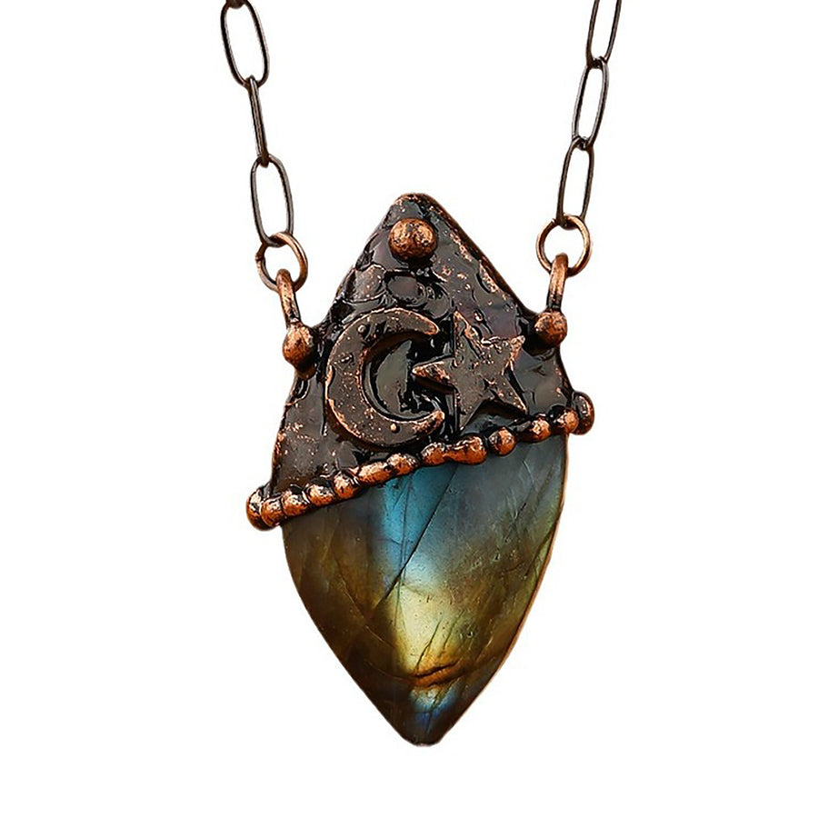 Inlaid Flash Labradorite Moon Star Vintage Boho Gothic Copper Pendant Necklace TXL027 Image 1