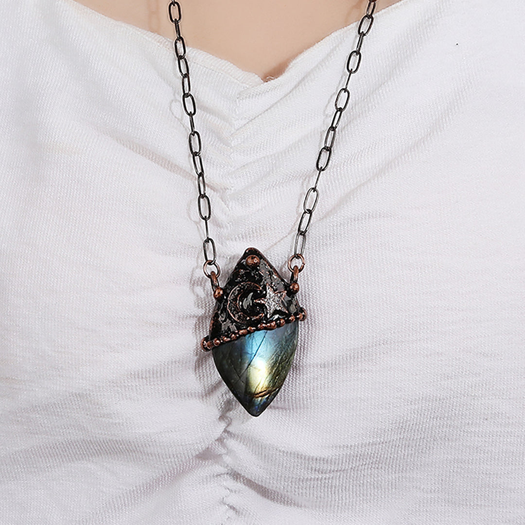 Inlaid Flash Labradorite Moon Star Vintage Boho Gothic Copper Pendant Necklace TXL027 Image 4