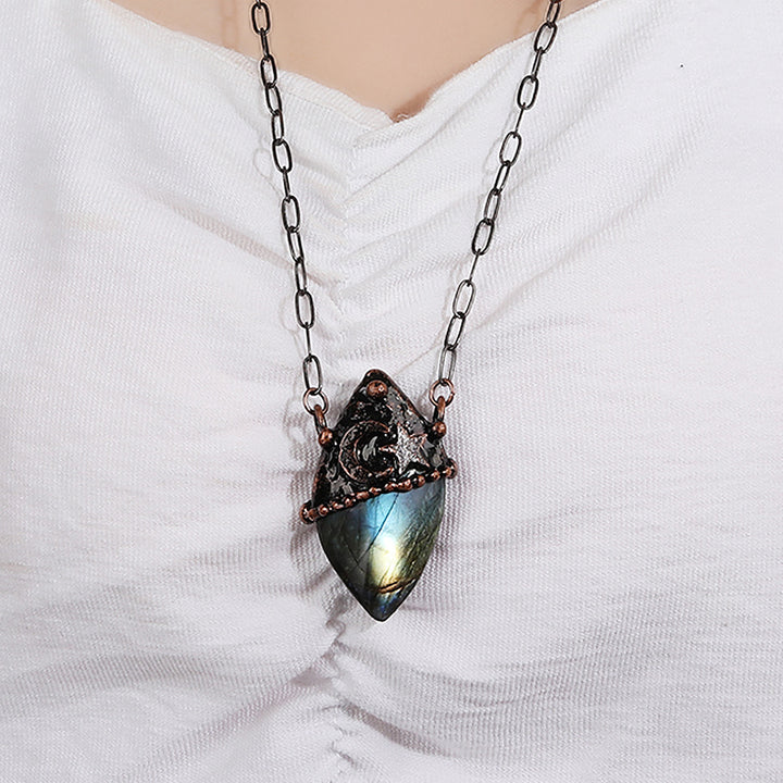 Inlaid Flash Labradorite Moon Star Vintage Boho Gothic Copper Pendant Necklace TXL027 Image 4