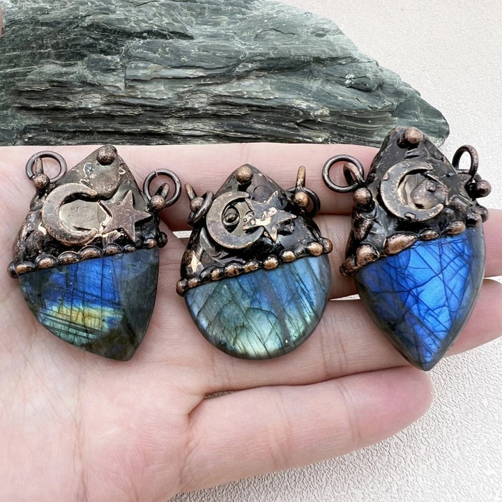 Inlaid Flash Labradorite Moon Star Vintage Boho Gothic Copper Pendant Necklace TXL027 Image 6