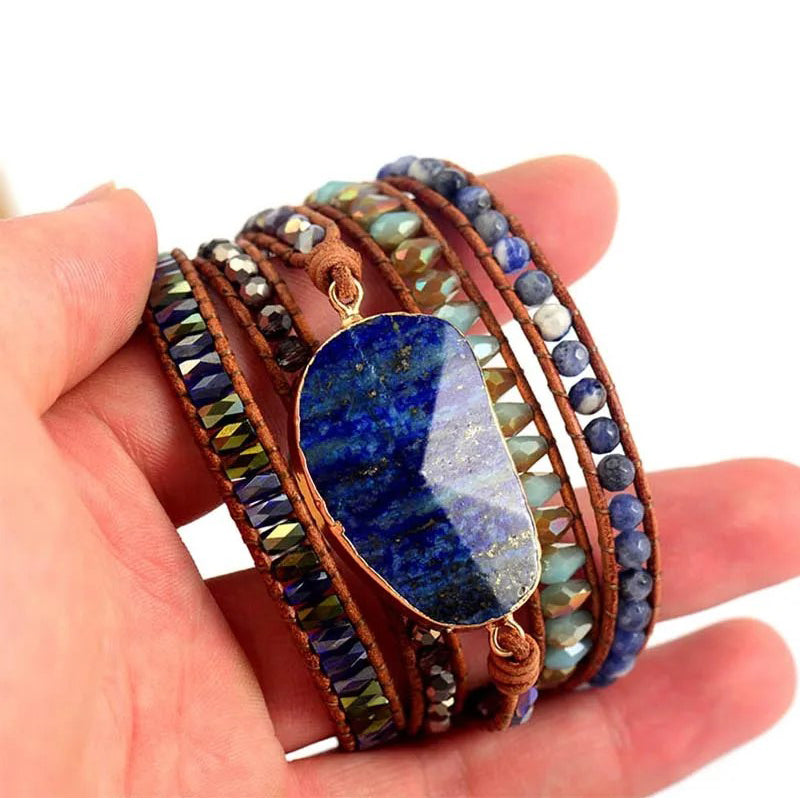 Genuine Handmade Natural Stone Variety Jasper Beads Wrap Lapis Lazuli Leather Multilayered Woven Beaded Adjustable Image 3