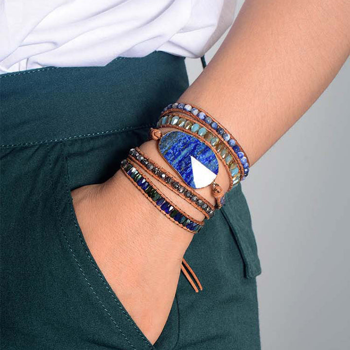 Genuine Handmade Natural Stone Variety Jasper Beads Wrap Lapis Lazuli Leather Multilayered Woven Beaded Adjustable Image 8