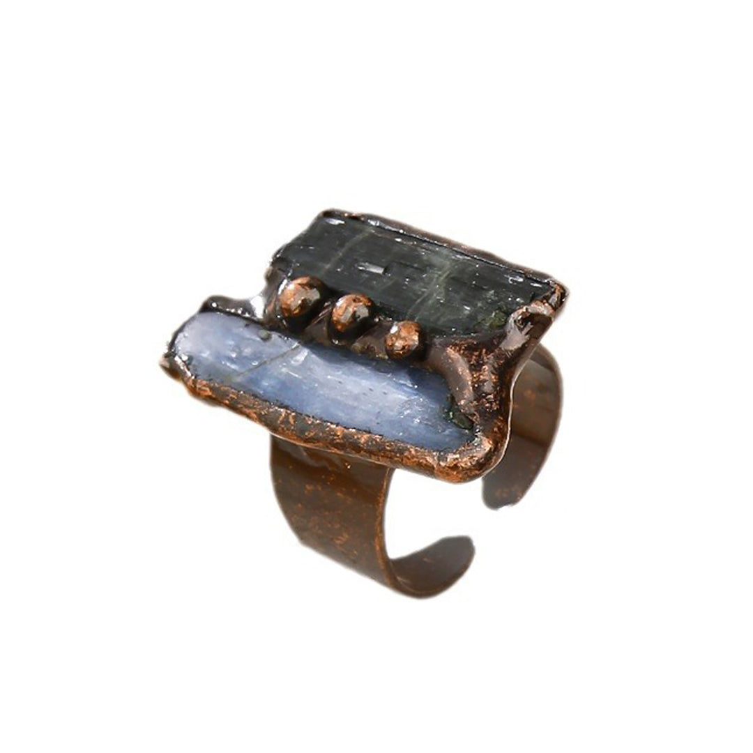 Blue Kyanite Green Tourmaline Combination Inlaid Vintage Boho Cuff Adjustable Ring TJZ003 Image 1