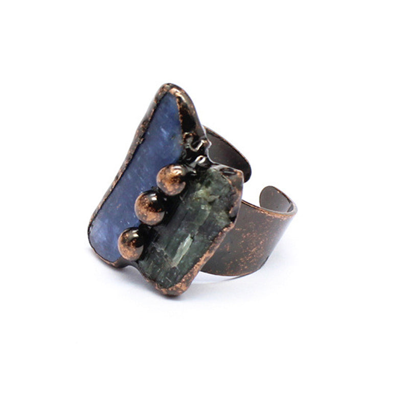 Blue Kyanite Green Tourmaline Combination Inlaid Vintage Boho Cuff Adjustable Ring TJZ003 Image 2