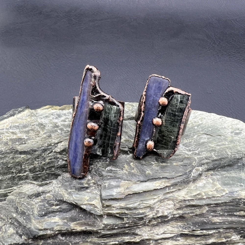 Blue Kyanite Green Tourmaline Combination Inlaid Vintage Boho Cuff Adjustable Ring TJZ003 Image 3