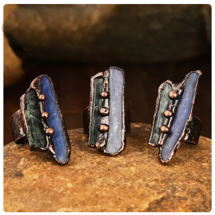 Blue Kyanite Green Tourmaline Combination Inlaid Vintage Boho Cuff Adjustable Ring TJZ003 Image 10