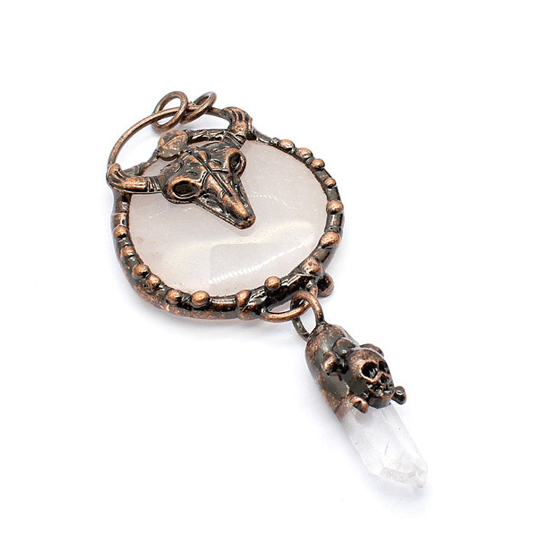 Ram Head Skull White Clear Quartz and Pink Rose Quartz Bohemian Copper Necklace Image 1