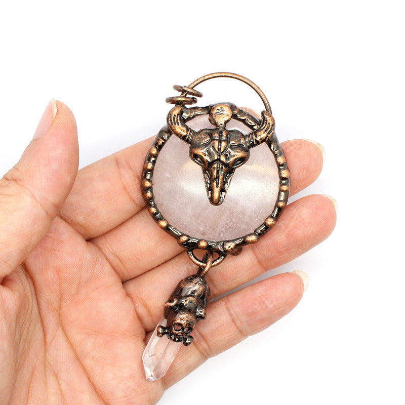 Ram Head Skull White Clear Quartz and Pink Rose Quartz Bohemian Copper Necklace Image 2