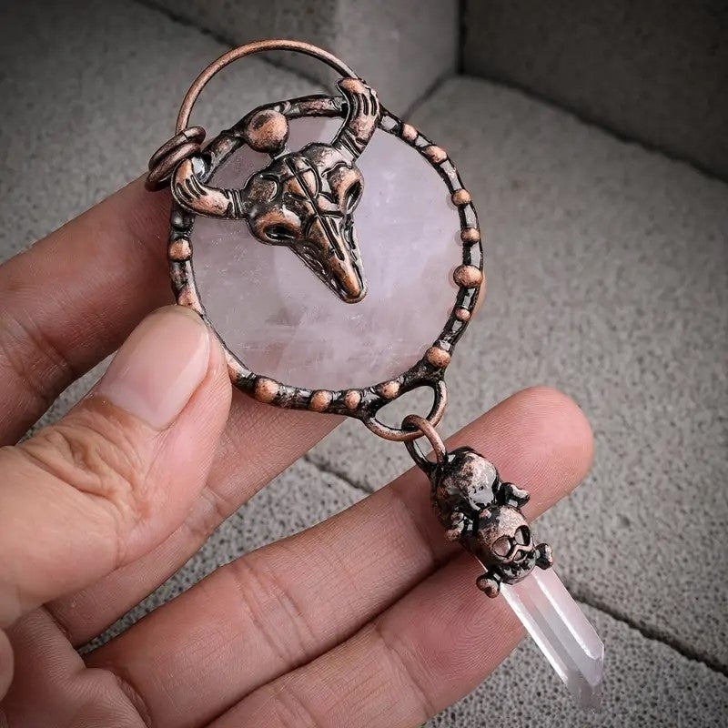 Ram Head Skull White Clear Quartz and Pink Rose Quartz Bohemian Copper Necklace Image 4