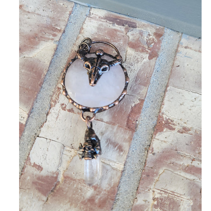 Ram Head Skull White Clear Quartz and Pink Rose Quartz Bohemian Copper Necklace Image 9