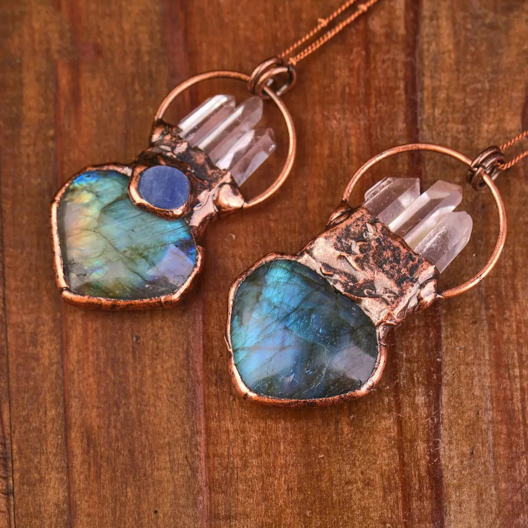 1PC Labradorite White Clear Quartz and Blue Kyanite Bohemian Copper Necklace Handmade Inlaid Vintage Retro Ethnic Punk Image 4